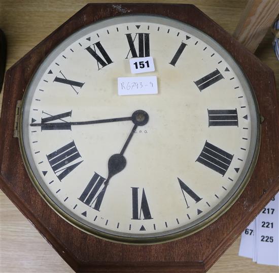 A Victorian mahogany octagonal cased eight day GPO wall timepiece width 39cm